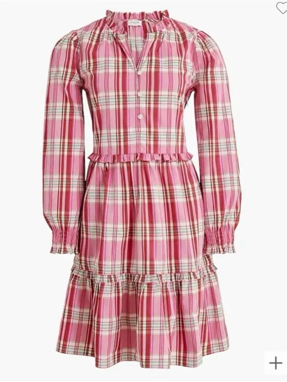 J.Crew Pink Plaid Tiered Ruffled Mini Dress with Ruffle Trim Size 10